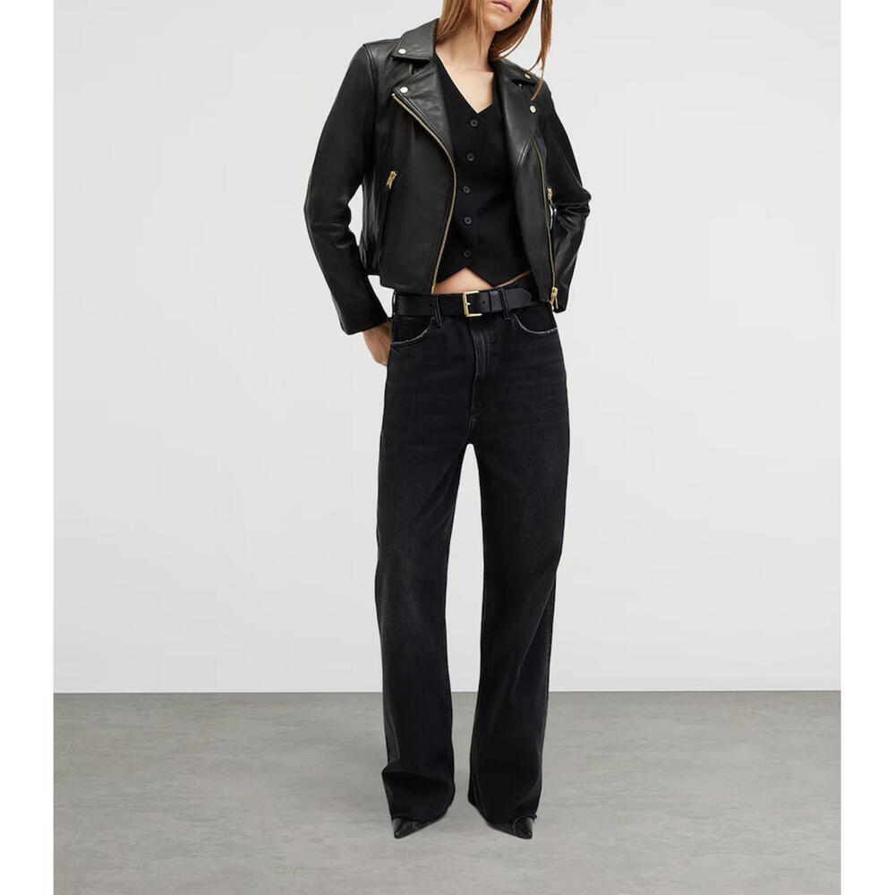 AllSaints Dalby Slim Fit Leather Biker Jacket Black/Gold - Picture 4 of 13